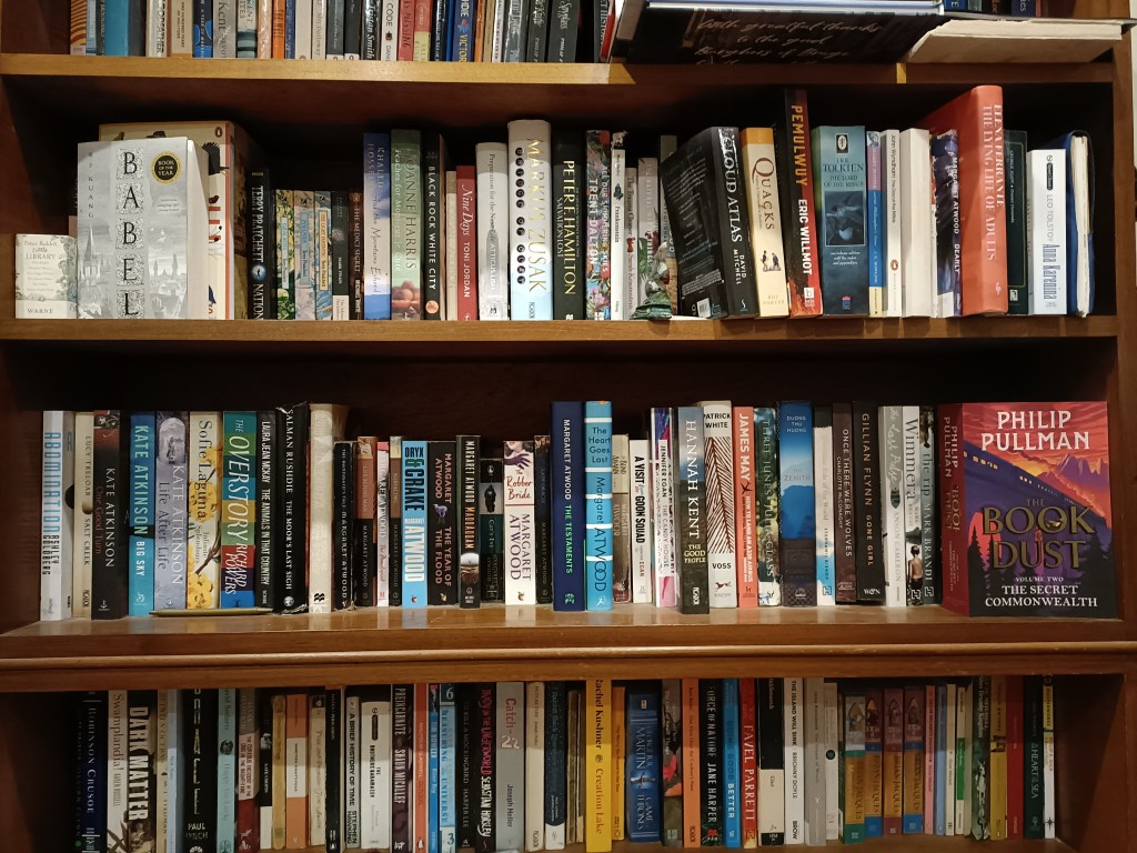A photo of my actual bookshelf, overflowing and double-stacked